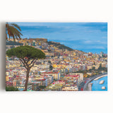 Black and white photo of Naples on stretched canvas, featuring cityscape and coastline, ideal for kitchen wall art.