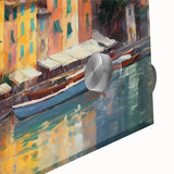 Mid-century modernist acrylic print of Portofino, Italy in vibrant hues, ideal for dining room art.