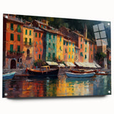 Acrylic print of Portofino, Italy scenery with vivid blue water and colorful buildings, suitable for dining room decor.