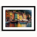 Abstract art print of Portofino, Italy with vibrant colors on a textured, extra-large canvas, framed in black.