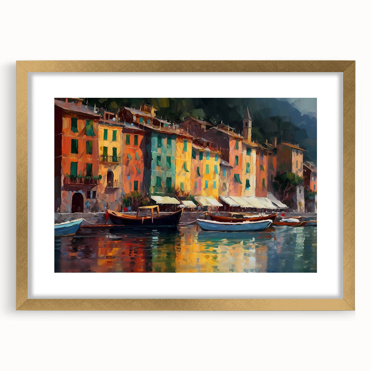 Abstract art print of Portofino, Italy with vibrant blues and greens on a framed gold mat, ideal for dining room decor.