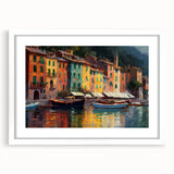 Textured art depicting the Portofino waterfront, with muted pastel shades on a framed white mat, ideal for bedroom art.