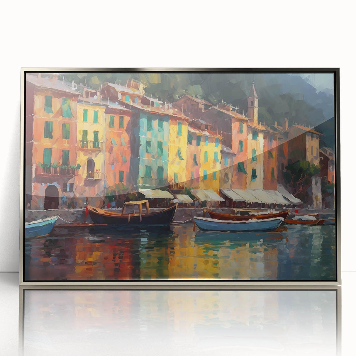 Mid-century modernist style acrylic print of Portofino, Italy, in vibrant colors, framed in silver.