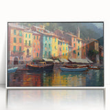 Mid-century modernist art depicting Portofino, Italy, with vibrant coastal colors on a framed acrylic print.