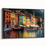Black and white framed canvas of Portofino landscape, ideal for bedroom wall art.