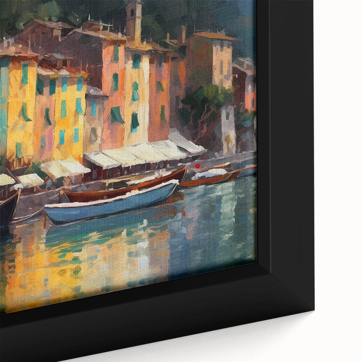 Black wall art featuring a textured depiction of Portofino, Italy, with colorful elements, framed canvas.