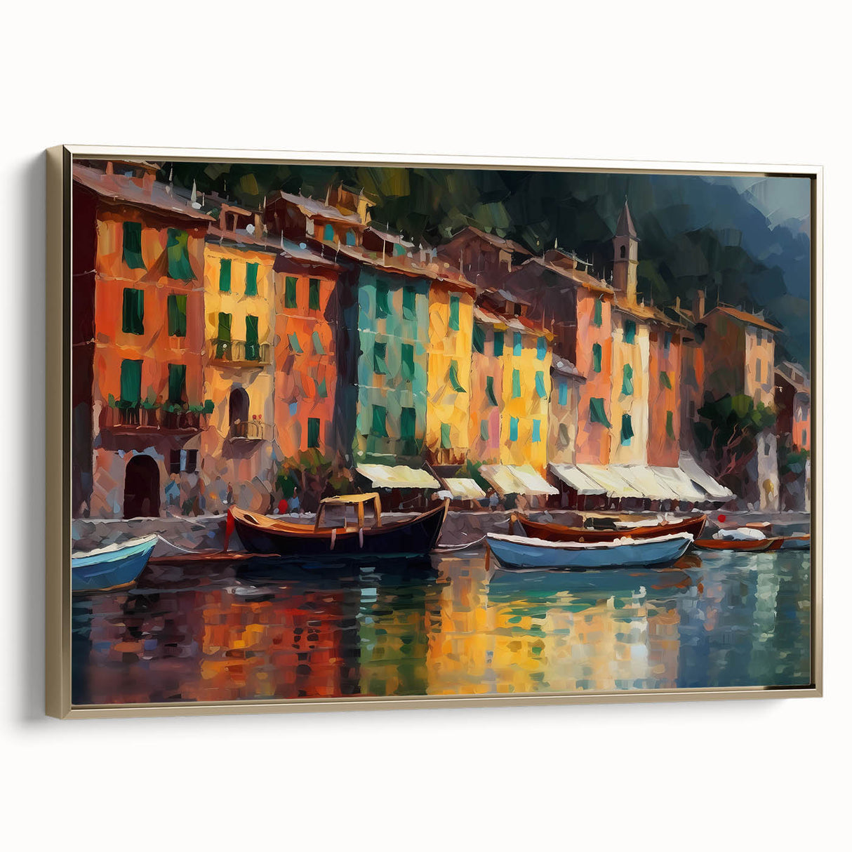 Framed canvas featuring a vintage-style landscape painting of Portofino, Italy, with muted earth tones.