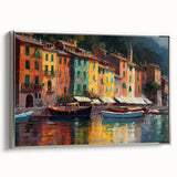 Framed canvas landscape art painting of Portofino, Italy, with vibrant colors and vintage poster style.