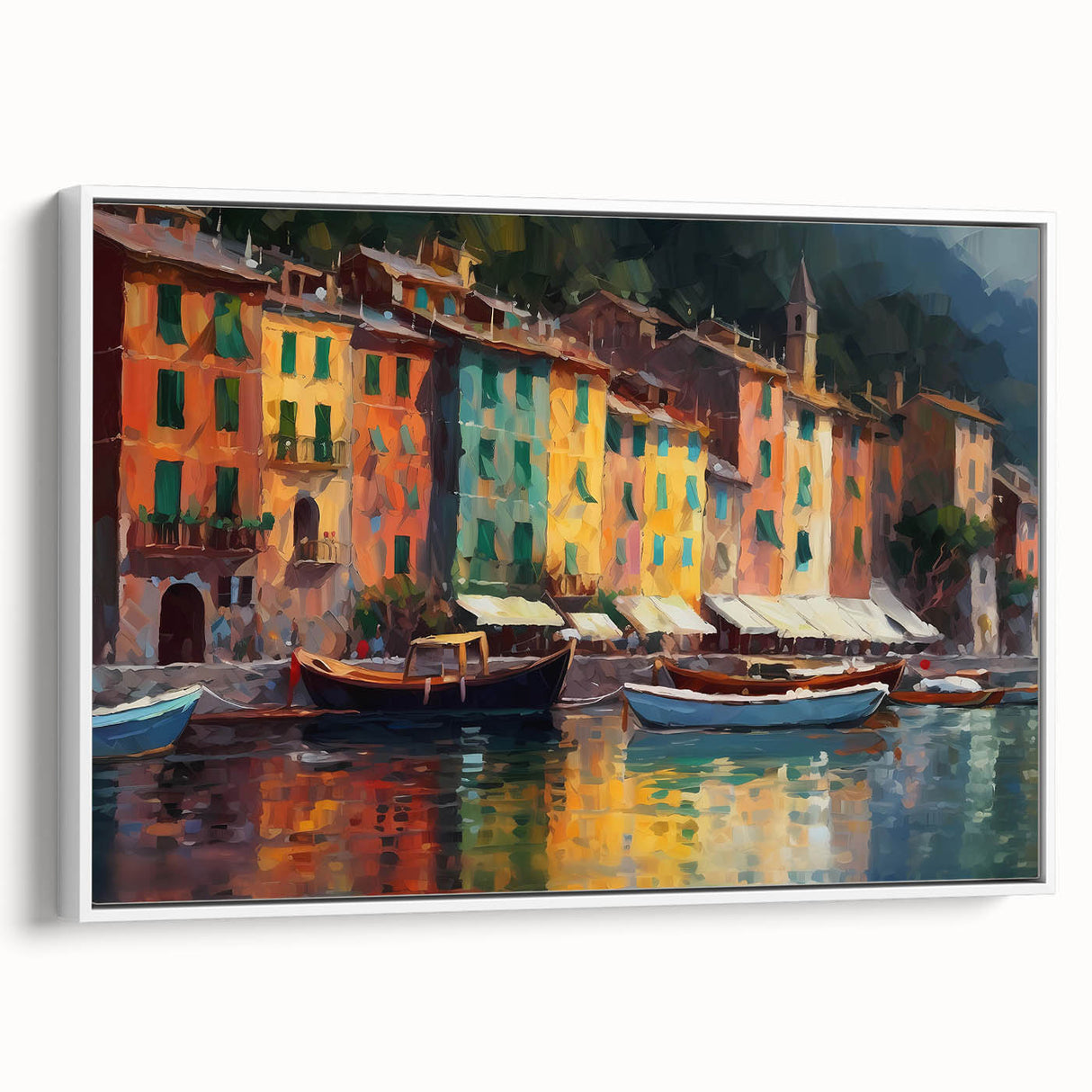 Vintage poster art of Portofino, Italy, featuring colorful buildings on canvas, ideal for living room decor.