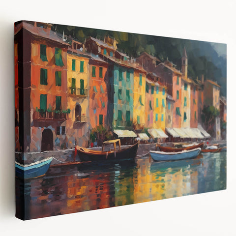 Scenic Portofino, Italy artwork on stretched canvas featuring vivid ocean and village colors, suitable for kitchen wall art.