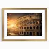 Abstract art print of Rome scenery in muted gold and earth tones on a framed mat, ideal for dining room decor.