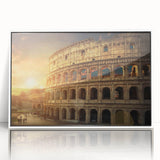 Mid-century modernist art of Rome's scenery in muted earth tones on a white acrylic framed poster.