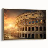 Framed canvas featuring a vintage-style landscape painting of Rome with muted gold and black tones.
