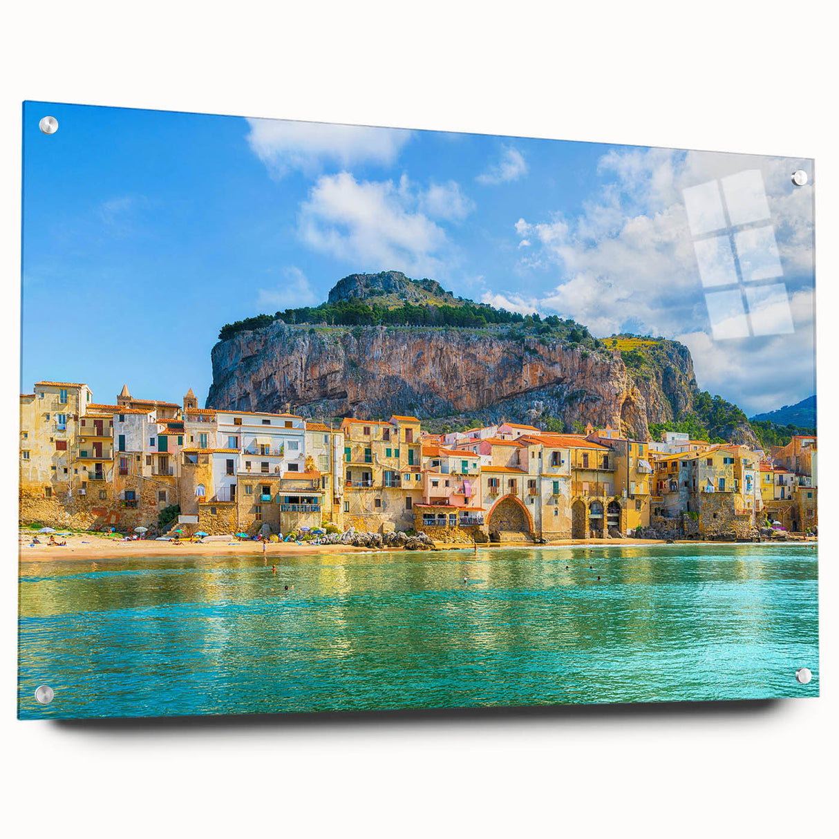 Acrylic print of a Sicilian landscape in muted earth tones, ideal for dining room decor.