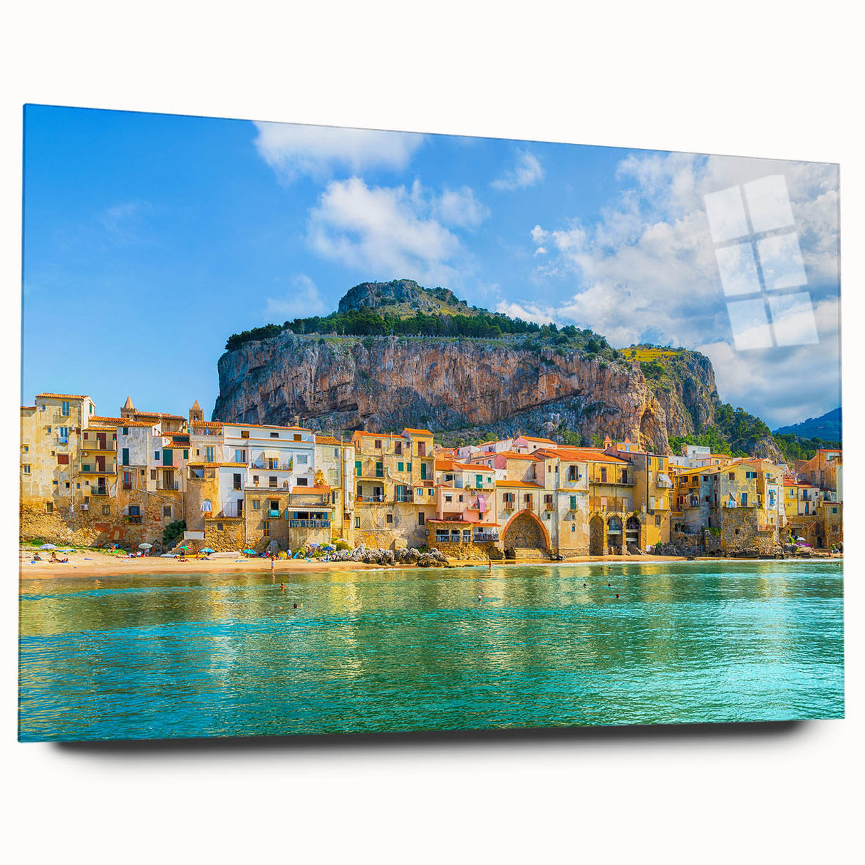 Large abstract wall art of a Sicilian landscape in vibrant colors on acrylic glass, ideal for bedroom or dining room decor.