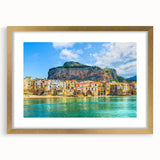 Abstract art print of a Sicilian landscape in soft earth tones, framed in gold, ideal for dining room decor.