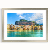Extra large abstract art print of a Sicilian landscape in textured silver frame, ideal for living room decor.
