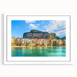 Textured art print of an abstract Sicilian landscape in muted earth tones on a framed white mat, ideal for bedroom art.