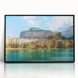 Large abstract wall art of a Sicilian landscape in muted earth tones on framed acrylic, suitable for modern art wall decor.