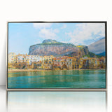 Large art print of a Sicilian landscape in acrylic, framed in silver, with vibrant green and blue tones.