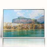 Mid-century modernist art depicting the Sicilian coastline in muted blues and greens on a framed acrylic.