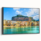 Black and white landscape art painting of Sicilian scenery on a framed canvas, suitable for bedroom wall decor.