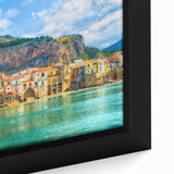 Close-up of a black wall art canvas featuring a textured Sicilian landscape in vibrant colors, ideal for living room decor.