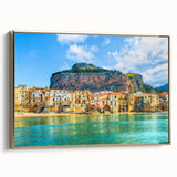 Framed canvas wall art depicting a vintage-style Sicilian landscape in muted earth tones, ideal for bedroom decor.