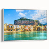 Vintage poster art of a Sicilian landscape on a framed canvas, featuring vibrant colors ideal for living room decor.