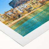 Art deco poster of a Sicilian landscape with muted earth tones on rolled canvas, ideal for dining room decor.