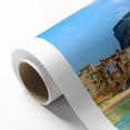 Art Deco poster of Sicilian landscape in soft pastel colors on rolled canvas, ideal for nursery wall art.