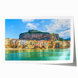 Rolled print of Sicilian landscape with vibrant floral elements in pastel shades, ideal for art wall dining room.