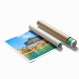 Extra large rolled print of Sicilian landscape with vibrant floral elements, ideal for classy bathroom wall art.