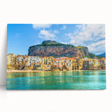 Black and white photo of Sicily landscape on stretched canvas, ideal for kitchen wall art.