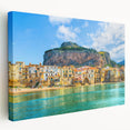Stretched canvas depicting a serene Sicilian landscape in muted earth tones, ideal for kitchen wall art.