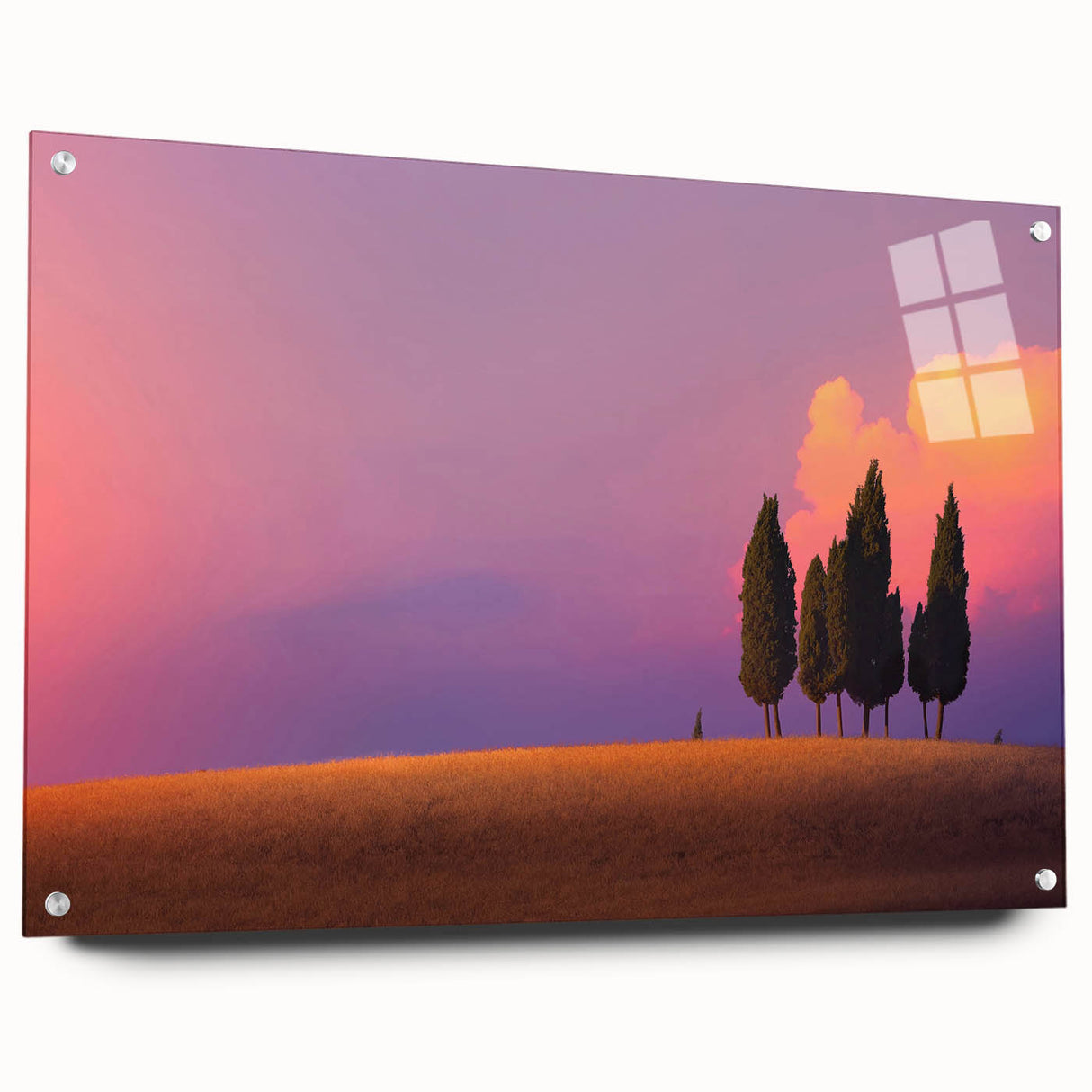 Acrylic print of a Tuscan landscape in muted earth tones, ideal for dining room decor.
