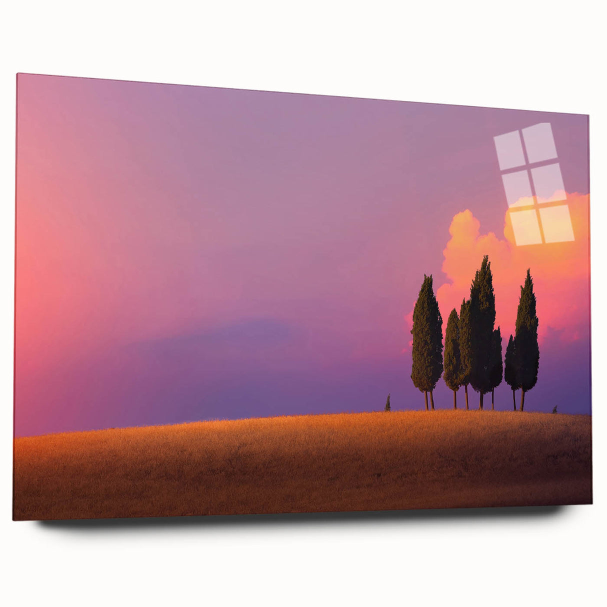 Large abstract wall art of Tuscany landscape in muted earth tones on acrylic glass, ideal for bedroom or dining room decor.