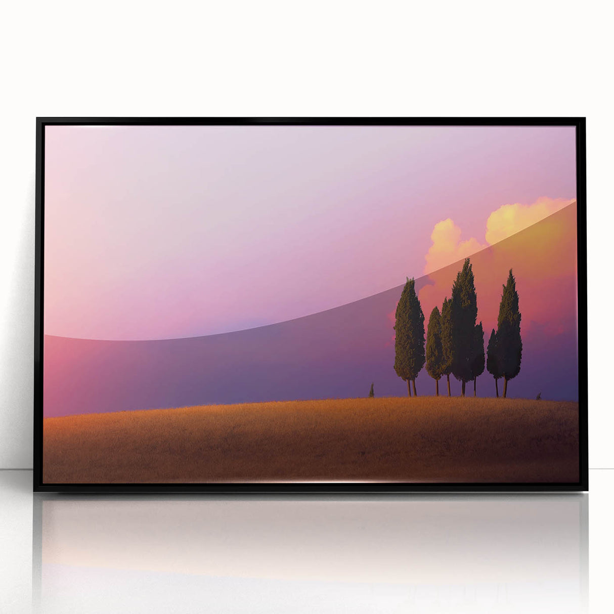 Large abstract wall art depicting a Tuscan landscape in muted earth tones on a black framed acrylic.