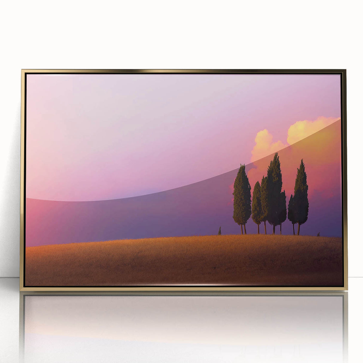 Framed acrylic print of a Tuscan landscape in muted earth tones, ideal for modern art wall decor.