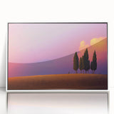 Mid-century modernist art depicting the rolling hills of Tuscany in muted earth tones on a framed acrylic panel.