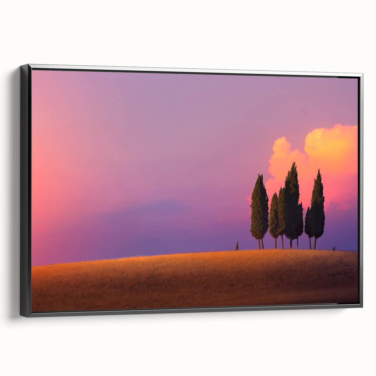 Framed canvas featuring a black and white landscape of Tuscany, ideal for bedroom wall decor.