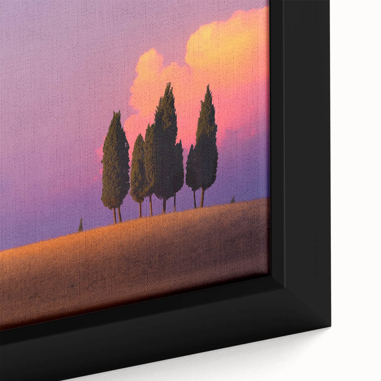 Extra large framed canvas featuring a textured depiction of the Tuscany landscape in black with colorful accents.