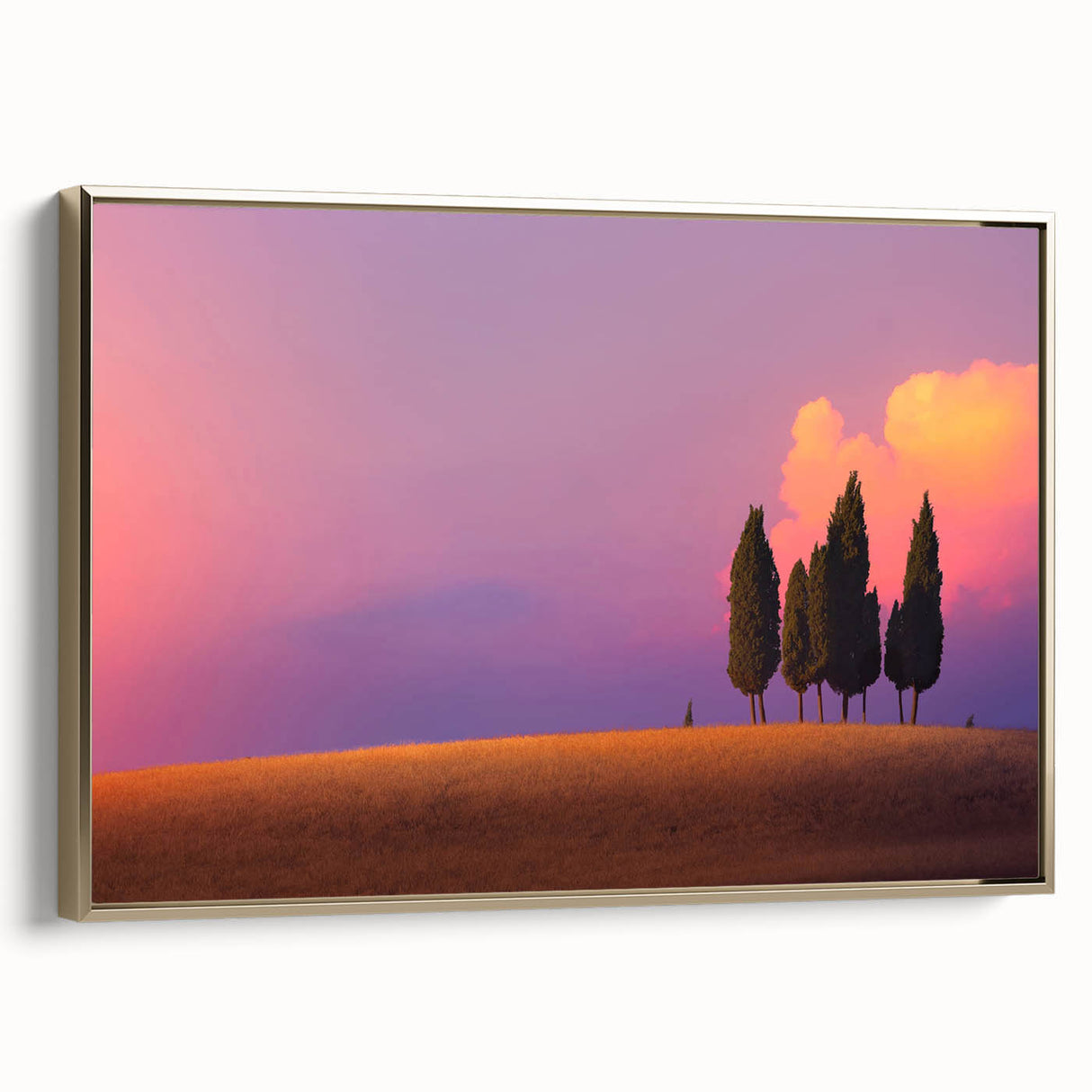 Framed canvas wall art depicting a Tuscan landscape in muted earth tones, ideal for bedroom decor.