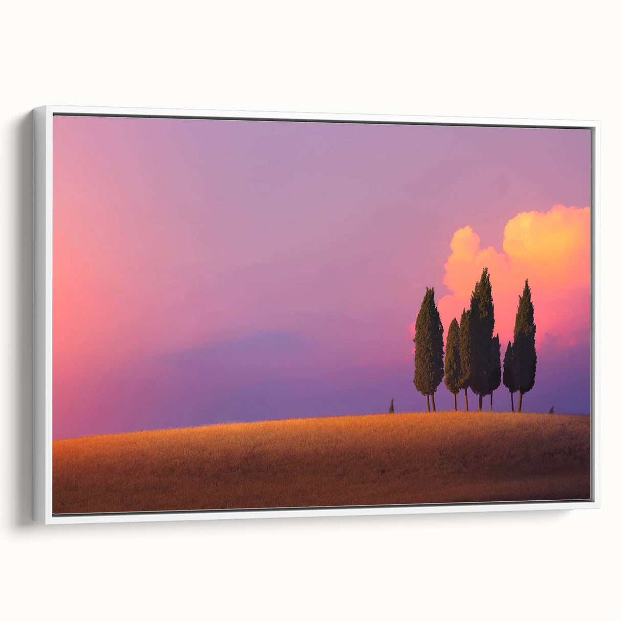 Vintage poster art of Tuscany landscape on framed canvas, featuring colorful art in extra large format.