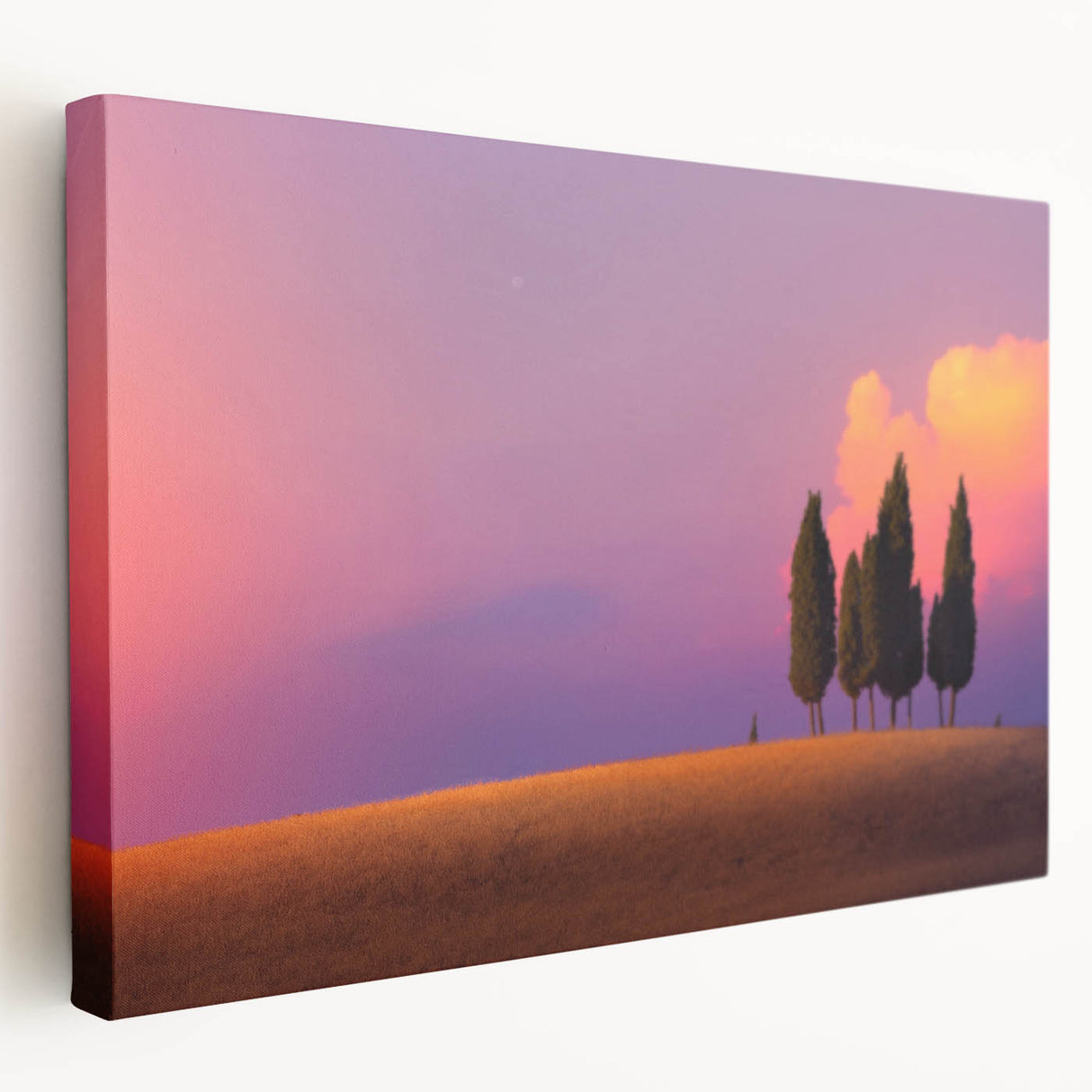 Large canvas print of a Tuscan landscape with rolling hills and a vibrant sunset, ideal for kitchen wall art.