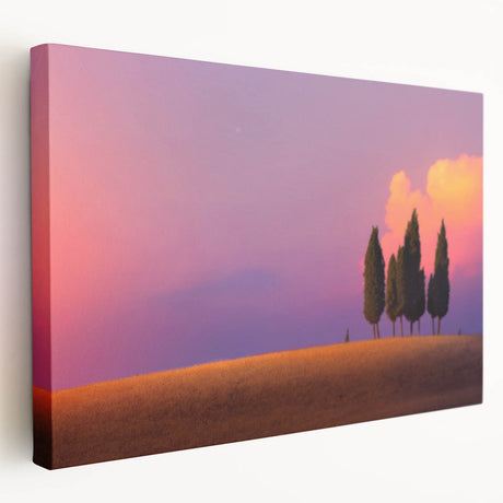 Large canvas print of a Tuscan landscape with rolling hills and a vibrant sunset, ideal for kitchen wall art.