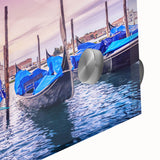 Acrylic print of a Venice canal scene with muted earth tones, ideal for dining room art in a mid-century modernist style.