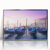 Framed acrylic print featuring a mid-century modernist Venice scenery in muted earth tones, ideal for modern art wall decor.