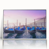 Mid-century modernist art depicting Venice scenery in muted blue and white tones on framed acrylic.