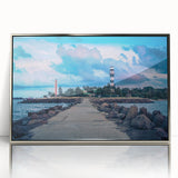 Large art print of a European scenery in Latvia, featuring mid-century modernist style on silver-framed acrylic.